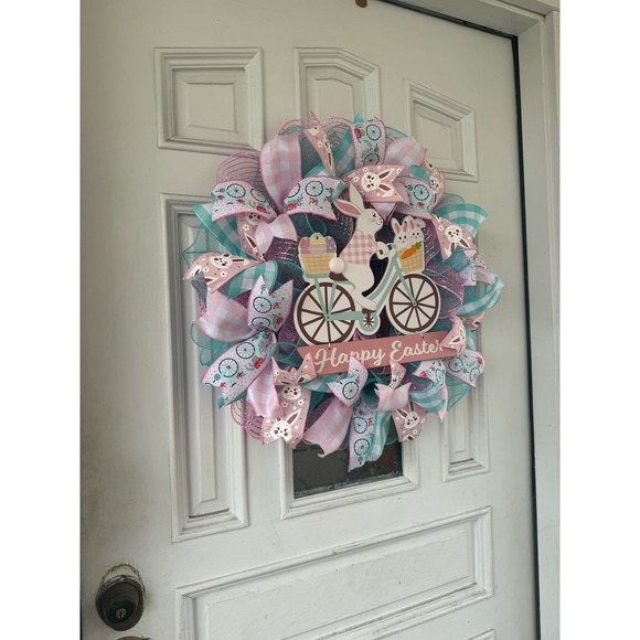 Happy Easter Bunny Rabbit Bicycle Deco Mesh Ribbon Spring Wreath Door Hanger - Picture 8 of 9